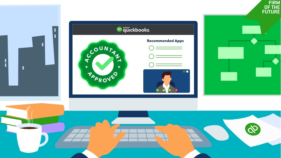 Illustration of a person using a computer displaying QuickBooks' "Accountant Approved" badge. The screen shows recommended apps and a video call window. The desk has books, a cup of coffee, and QuickBooks-branded papers.