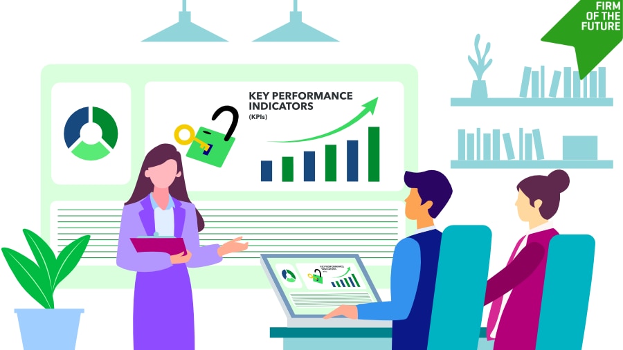 Illustration of a businesswoman presenting key performance indicators (KPIs) on a large screen to two clients. The screen displays an upward trend graph with an unlocked padlock, suggesting business growth insights.