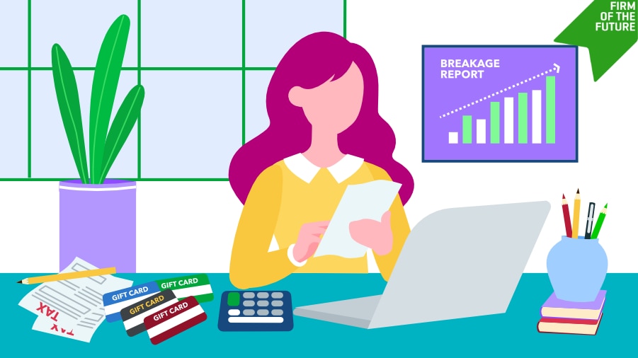 A woman sits at a desk reviewing financial documents, with a laptop, calculator, tax forms, and several gift cards scattered around. Behind her, a "Breakage Report" chart displays a rising bar graph, indicating financial trends. A green banner in the top-right corner reads "Firm of the Future.