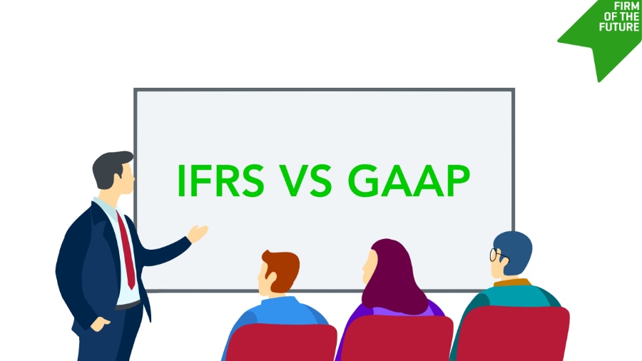 An illustrated business professional presenting a slide that reads 'IFRS VS GAAP' to an audience of three individuals. The slide is framed in green, and the image is branded with 'Firm of the Future' in the top right corner.