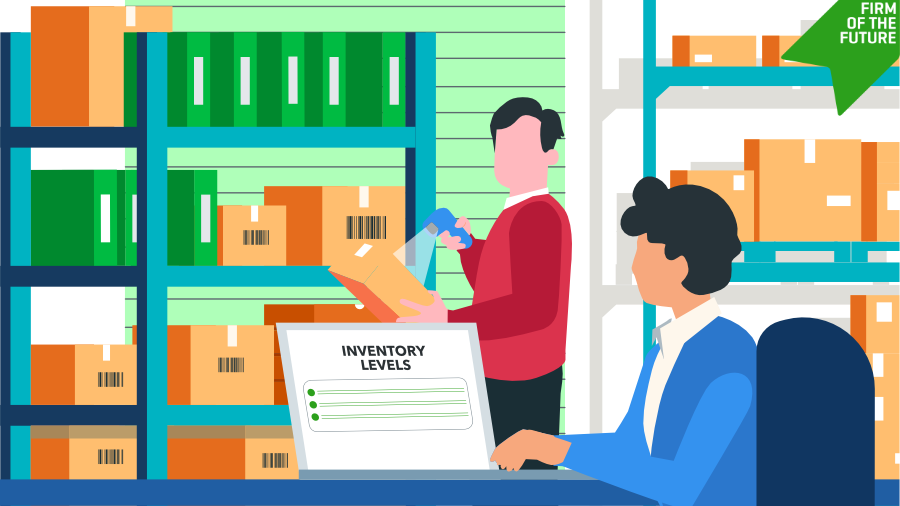 An inventory manager scanning a box in a warehouse while another professional monitors 'Inventory Levels' on a laptop. Shelves stocked with boxes and supplies are visible in the background.