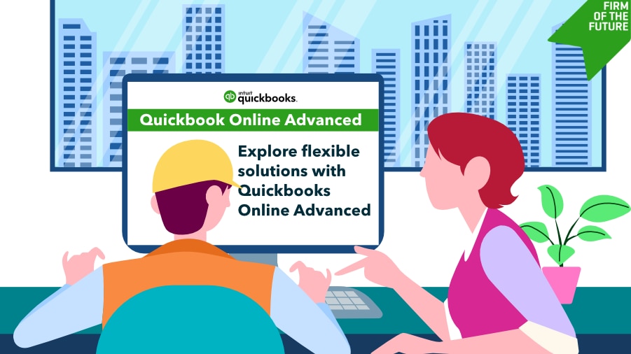 A professional consultant and a construction worker reviewing QuickBooks Online Advanced on a desktop screen. The interface displays 'Explore flexible solutions with QuickBooks Online Advanced,' with a city skyline visible through the window.