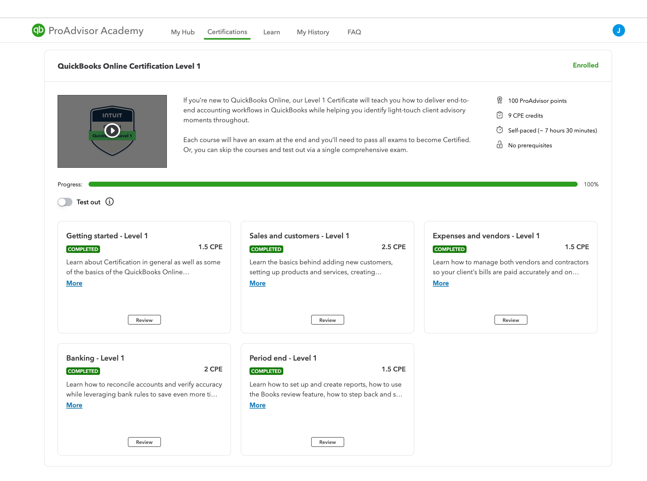 Screenshot of the ProAdvisor Academy and QBO Certification