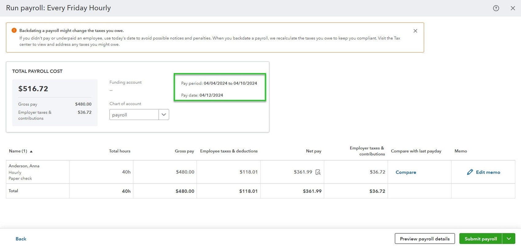 A screenshot of payroll features in QuickBooks.