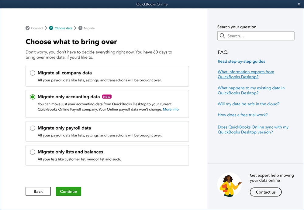 A screenshot of the migration feature in QuickBooks Online