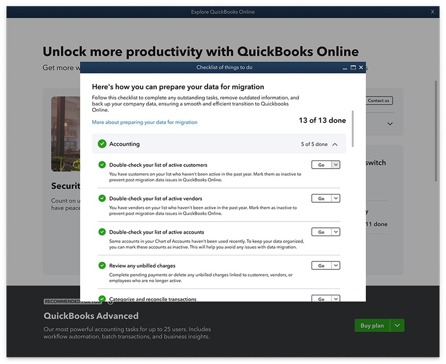 A screenshot of the migration feature in QuickBooks Online