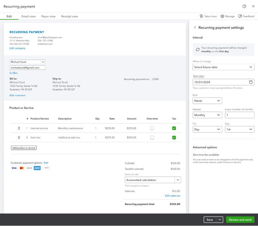 Recurring payment in QuickBooks Payments