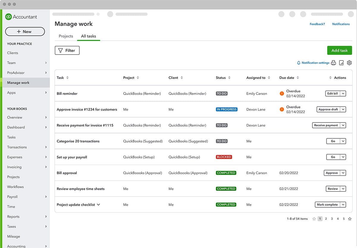 Work tab screenshot in QuickBooks Online Accountant